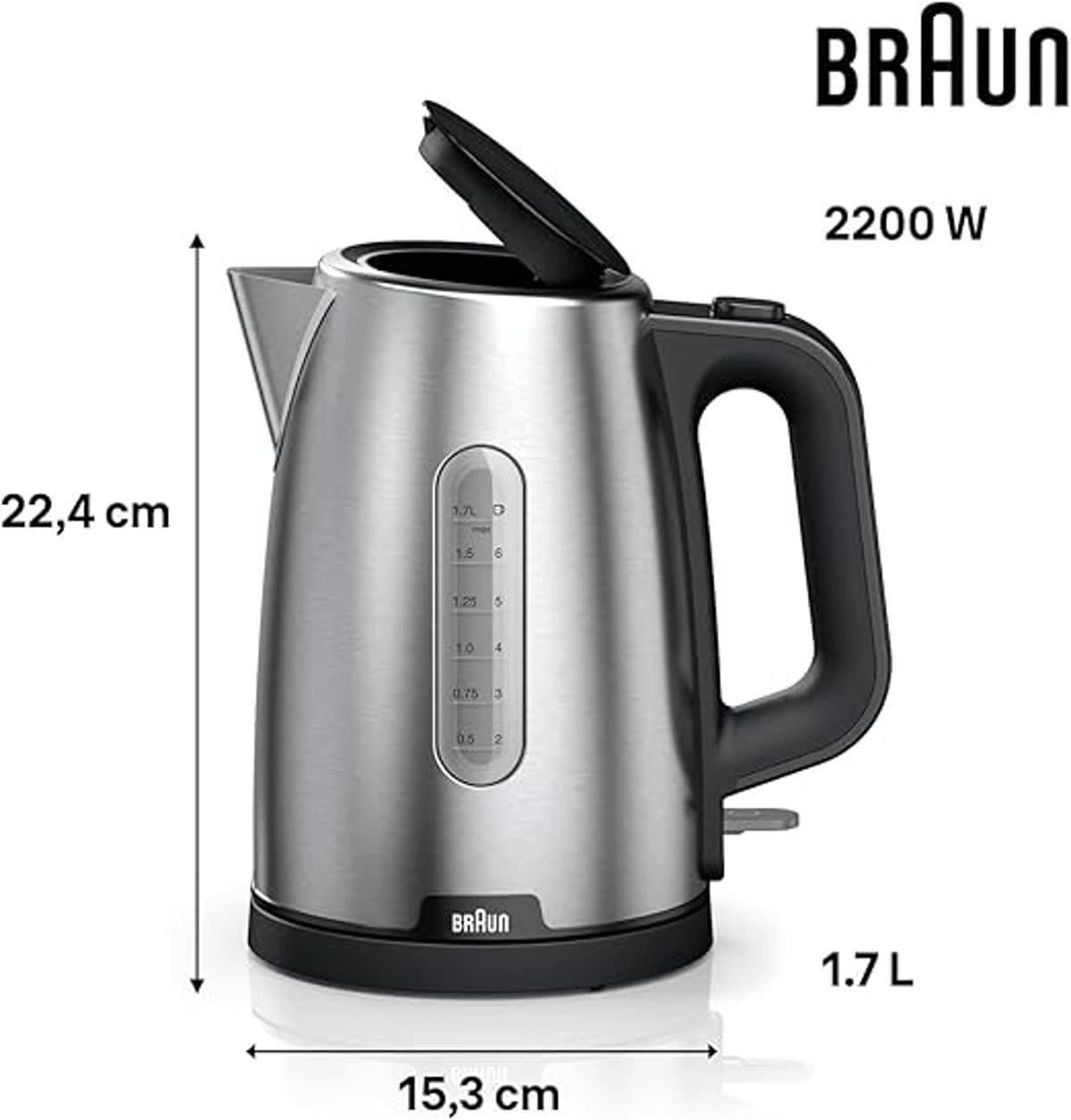 Braun Electric Kettle 2200W 1.7L Stainless Steel Auto Shut-Off Boil-Dry Protection – Black (WK1500BK)