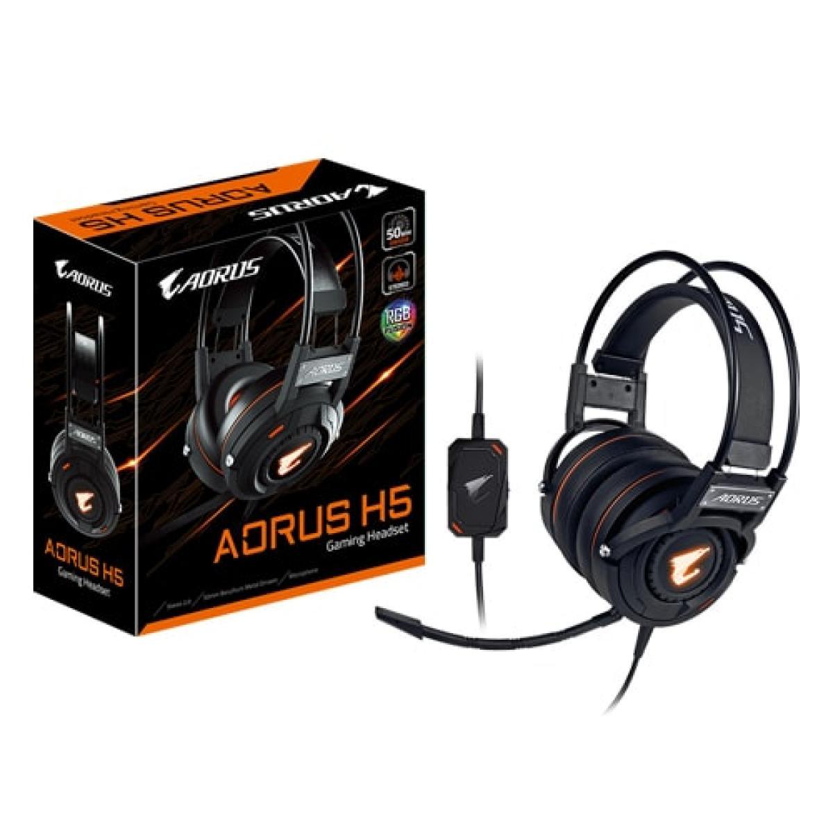 سماعة رأس GIGABYTE AORUS H5 RGB Stereo Gaming Comfort، ميكروفون قابل للفصل والانحناء، عناصر تحكم صوت مدمجة
