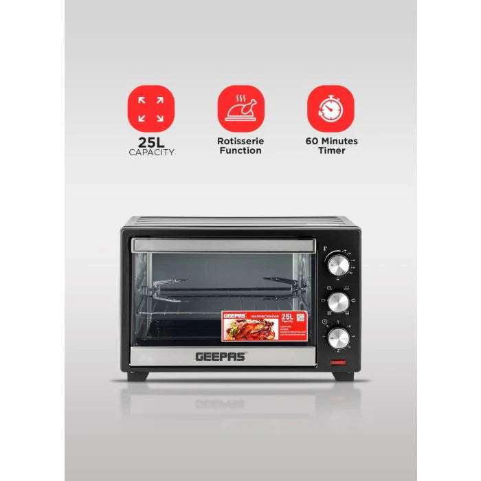 Geepas Electric Oven GO34040 | 25L Capacity | 1600W Power | Rotisserie Function | Adjustable Temperature Control | 60-Min Timer | 2 Years Warranty