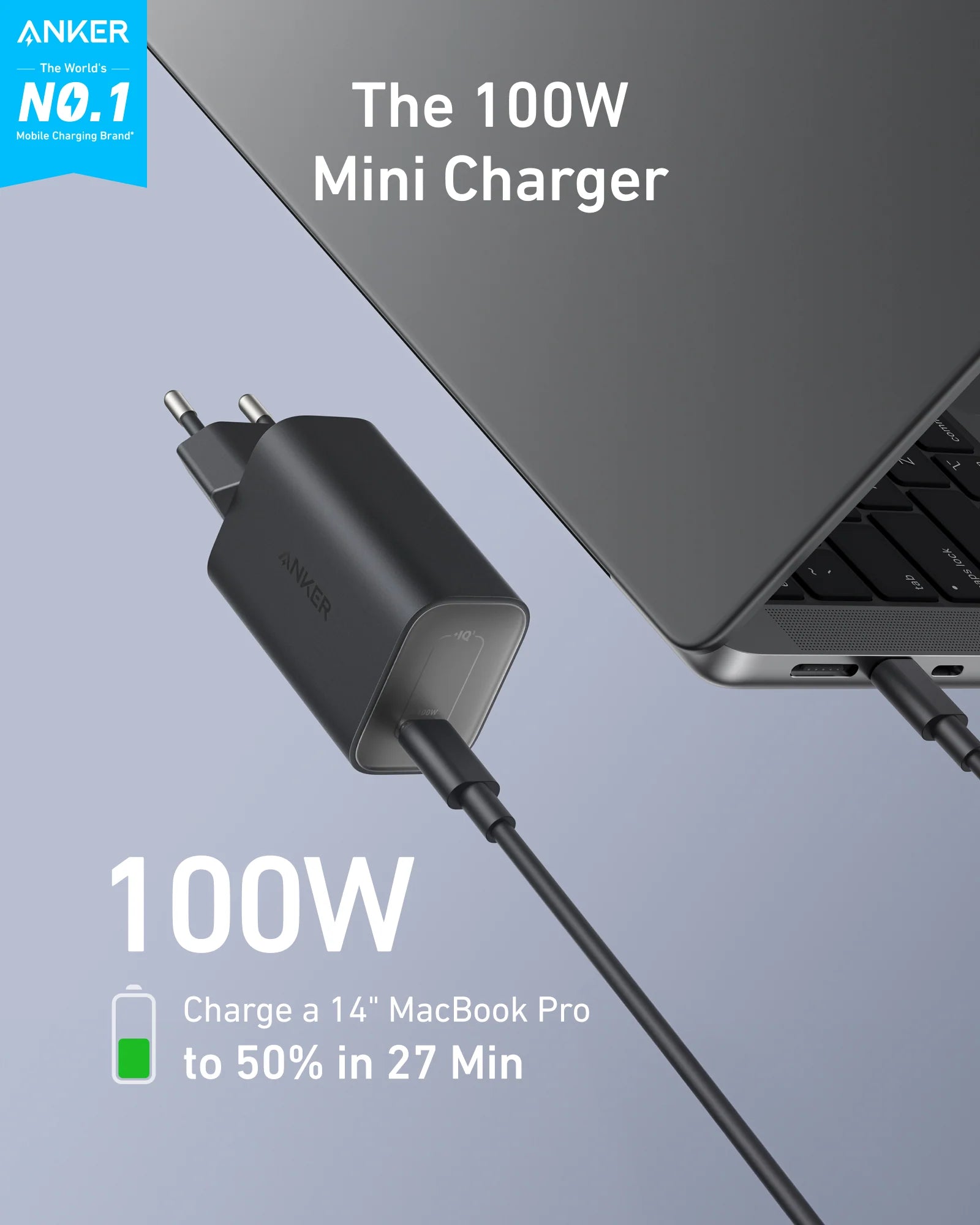 شاحن أنكر نانو (100 واط) مع كابل USB-C - صغير الحجم للغاية | شحن سريع لأجهزة ماك بوك