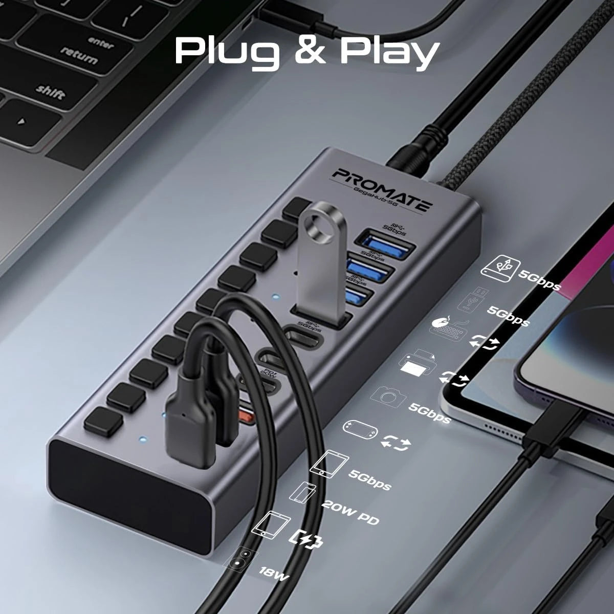 هاب USB-C متعدد 10-في-1 Promate GegaHub-5G