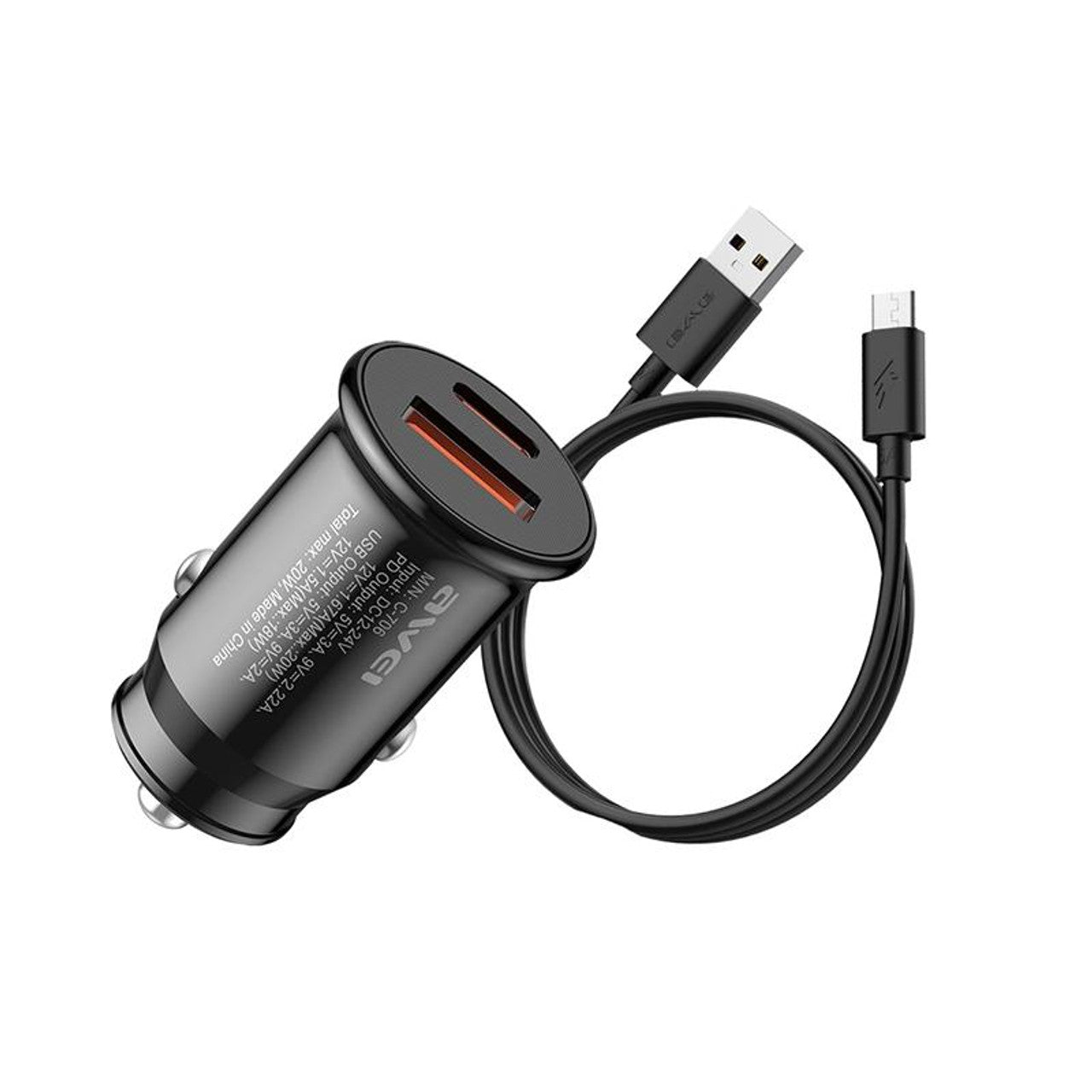 Awei 20W Car charger & USB Type C Data Cable - Black
