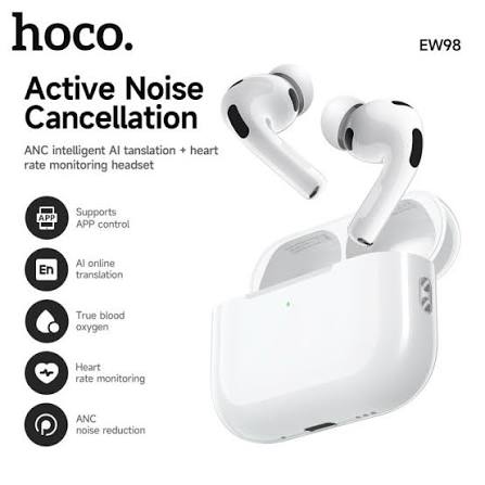 HOCO EW98 ANC AI Translation Earbuds with Heart Rate & Oxygen Monitoring – Bluetooth 6.0