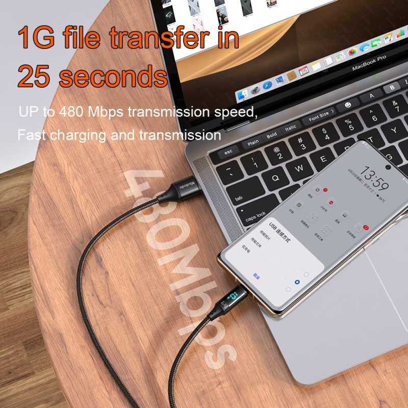 كابل شحن سريع مكدودو تايب سي بشاشة رقمية 1.2 متر - أسود