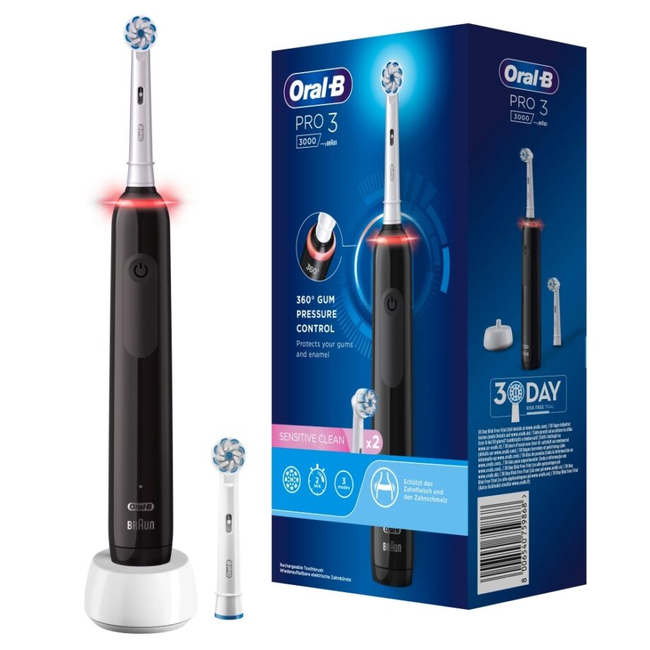 Oral-B by Braun Pro 3 3000 Electric Toothbrush with Smart Pressure Sensor & 2 Sensitive Heads