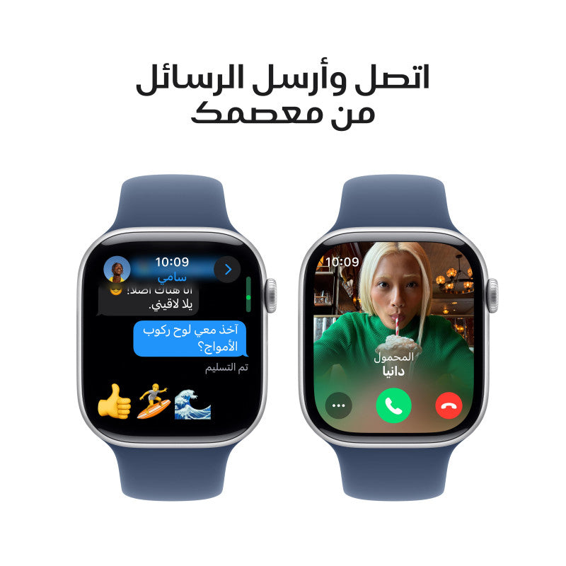 Apple Watch Series 10 GPSساعة هيكل من الألومنيوم باللون الفضي مع حزام رياضي من قماش الدنيم