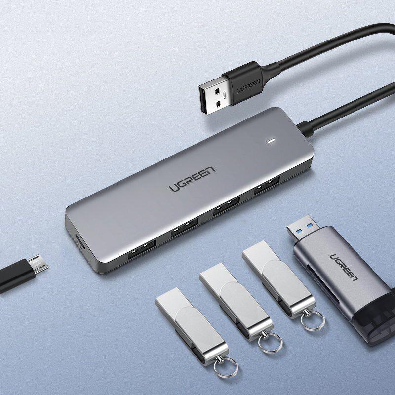 محول يوجرين USB 3.0 بـ 4 منافذ مزود بـ Micro USB غلاف معدني