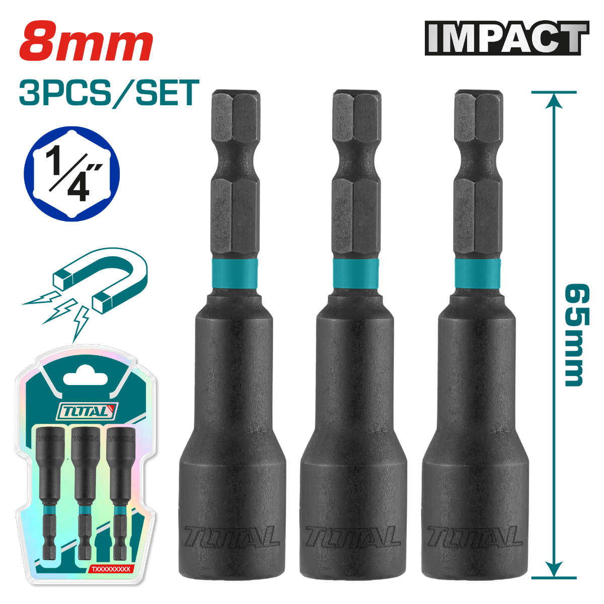 TOTAL 3 Pcs impact magnetic nut set 8mm (TAC270831)