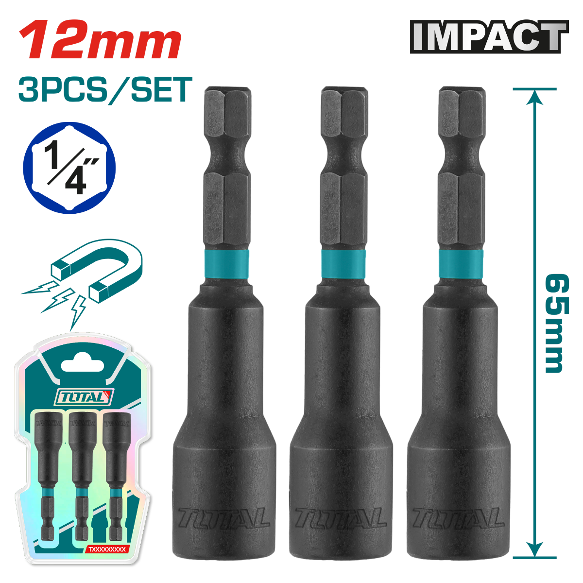 TOTAL 3 Pcs impact magnetic nut set 12mm (TAC271231)