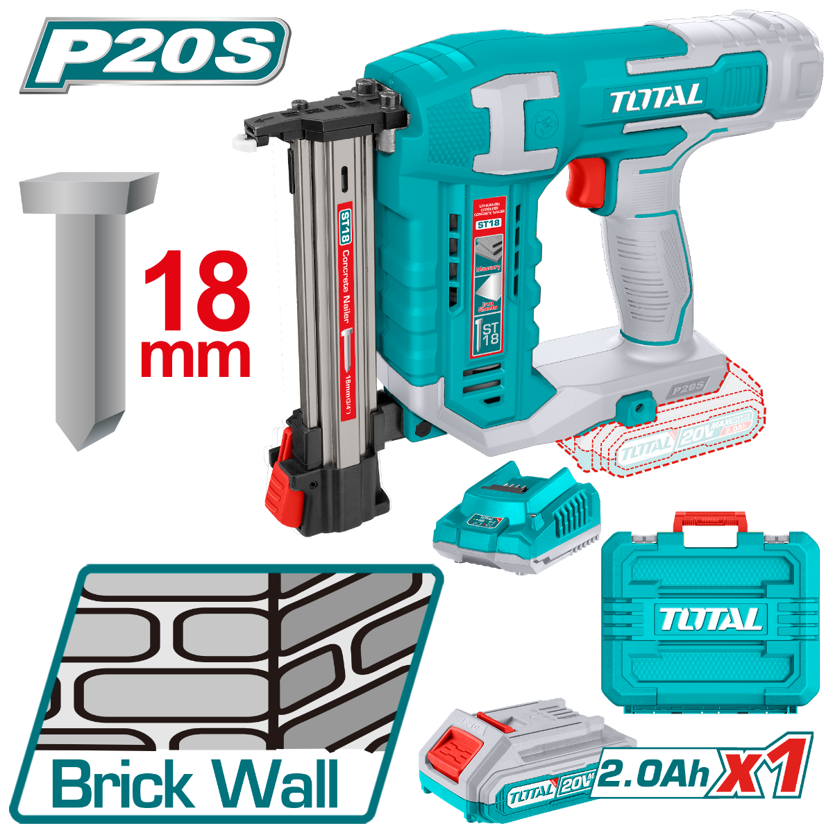 TOTAL Cordless brick nailer 20Volt perfect for brick wall, iron sheets(≤1mm), and wood (TCSTLI3808)