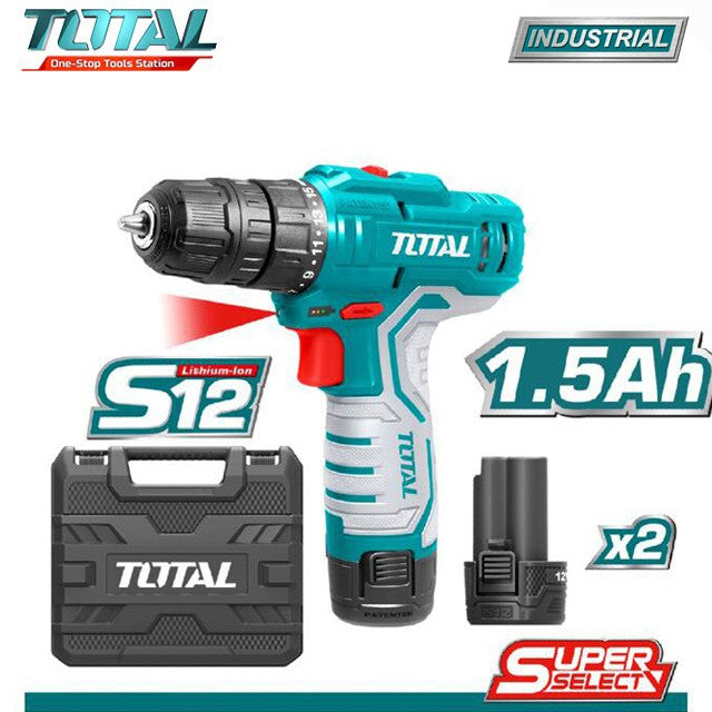 TOTAL Lithium-ion cordless drill 12V. 1pcs charger 2pcs 1.5Ah battery pack (TDLI12208)