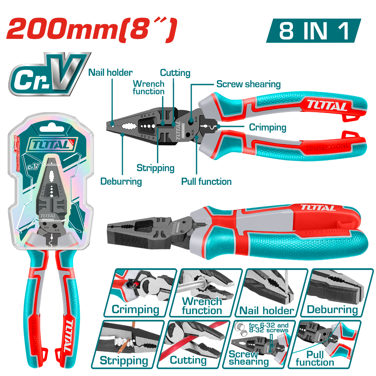 TOTAL 8-in-1 Multi-function combination pliers (THTMF186)