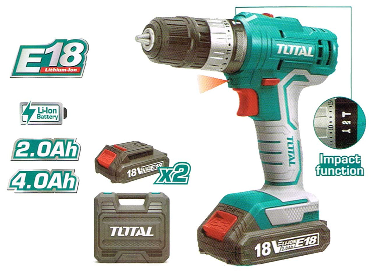 TOTAL Lithium-ion impact drill 18v 10mm 2pcs battery. This product can be used with Concrete, Stones, Plastic and Metal.