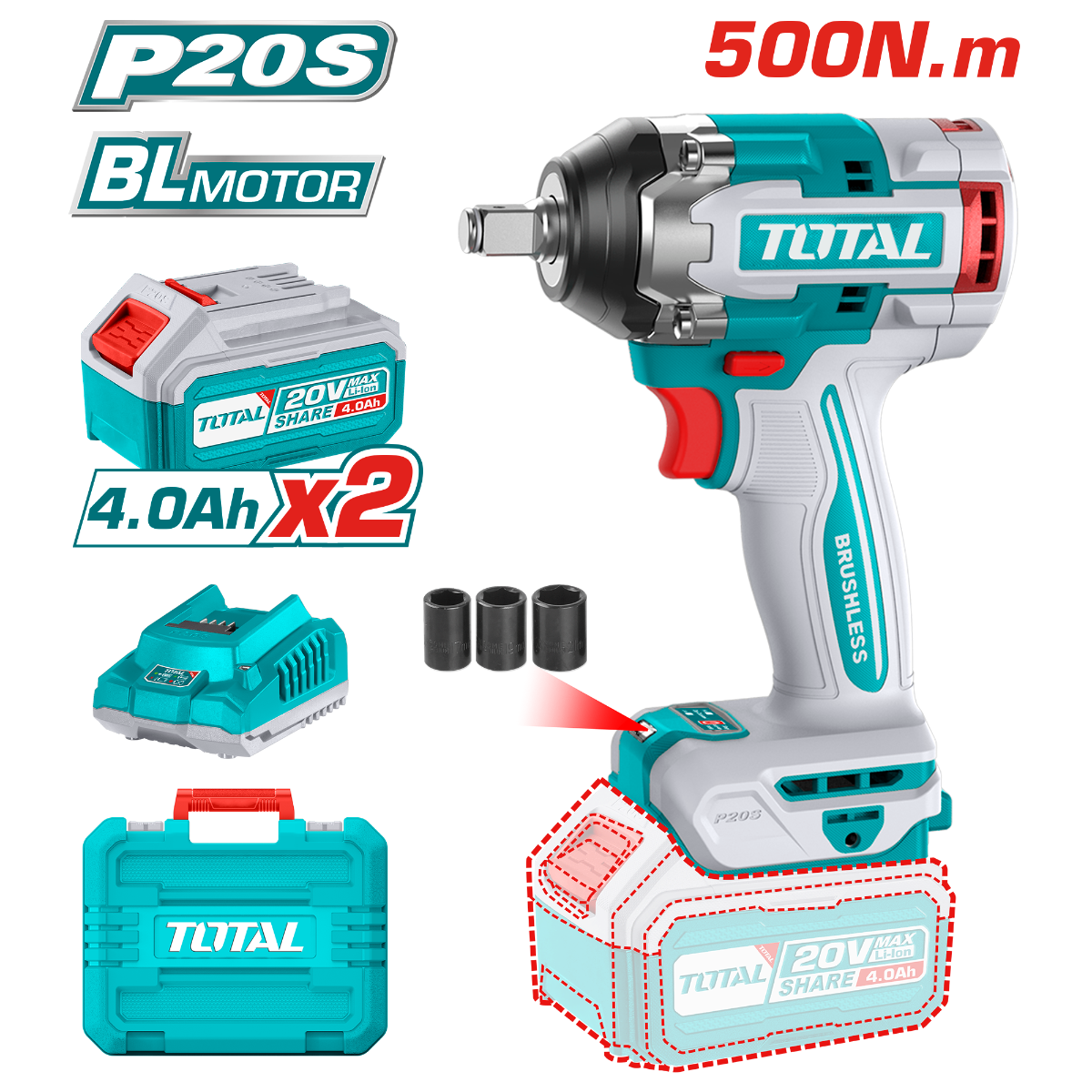 TOTAL Lithium-Ion impact wrench 500N.m (TIWLI2050)