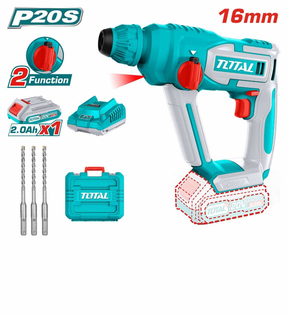 TOTAL Li-ion Rotary Hammer 20V 16MM TRHLI201681