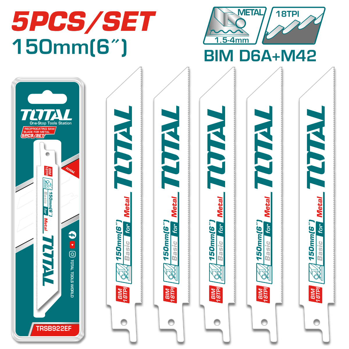 TOTAL Reciprocating saw blades for metal (TRSB922EF)