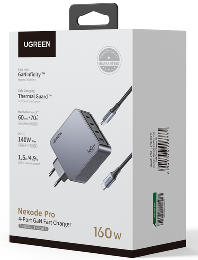 UGREEN USB-A+3*USB-C 160W GaN Tech Fast Charger EU Grey + 1M 100W cable - 25877