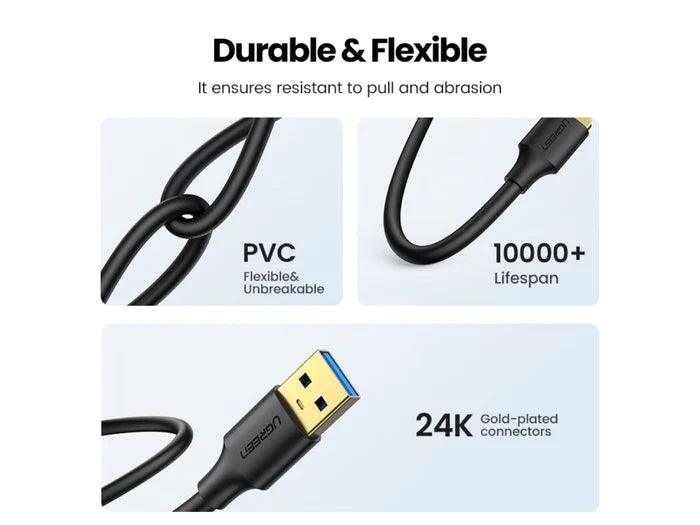 كابل USB 3.0 A ذكر إلى ذكر من UGREEN بطول 2 متر (أسود)