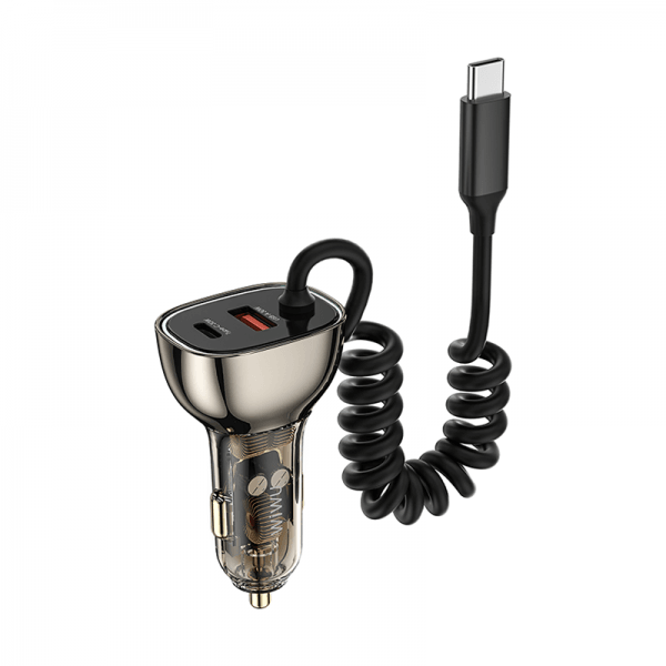 WIWU GEEK CAR CHARGER 90W USB A+C+USB-C CABLE- TRANSPARENT BLACK