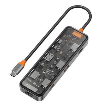 موزع Wiwu Cyber 8 في 1 من النوع C بقدرة 100 وات يدعم الشحن بمظهر شفاف وبطاقة SD وRJ45 وHdmi وUsb