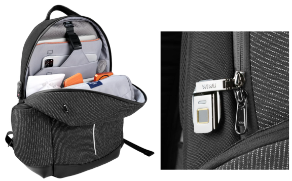 WIWU Anti-Theft Fingerprint Lock Backpack – 15.6-inch Laptop, Security Cable & 60W Charging Cable, Black