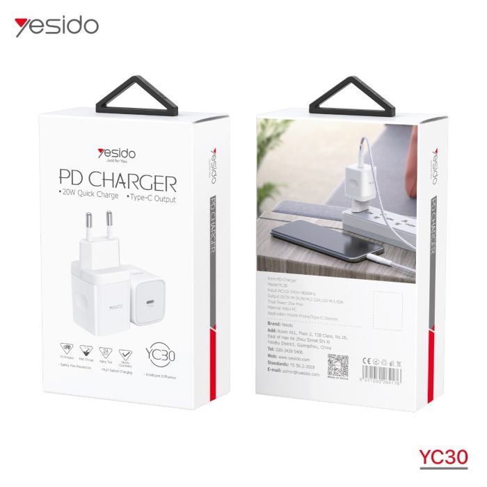 شاحن سريع YC30 PD 20W Type-C - قابس الاتحاد الأوروبي/المملكة المتحدة للهواتف المحمولة