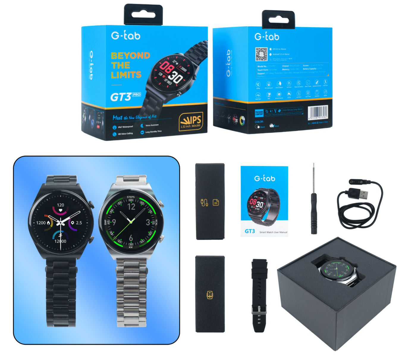 G-TAB GT3 Pro Stainless Steel Strap Smartwatch - Black - JoCell جوسيل