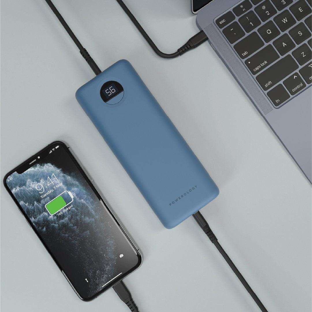 باور بانك مدمج من باورولوجي بسعة 20000 مللي أمبير في الساعة بتقنية PD بقوة 30 وات - أزرق