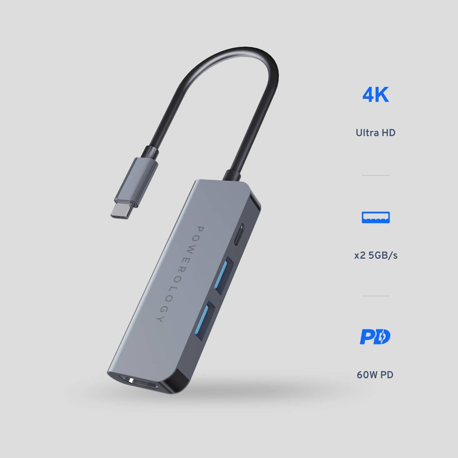 موزع USB-C 4 في 1 من Powerology مع منفذ HDMI وUSB 3.0 - رمادي