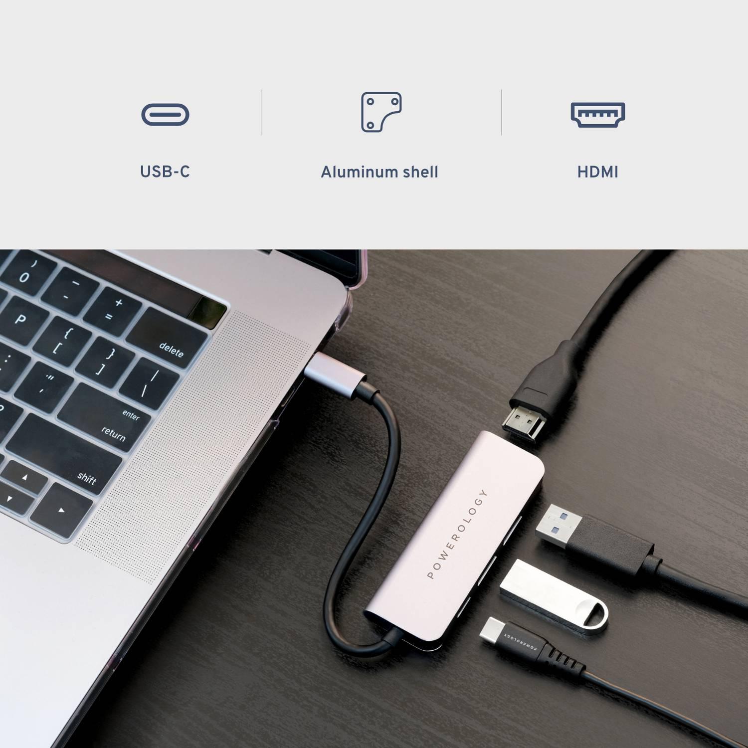موزع USB-C 4 في 1 من Powerology مع منفذ HDMI وUSB 3.0 - رمادي