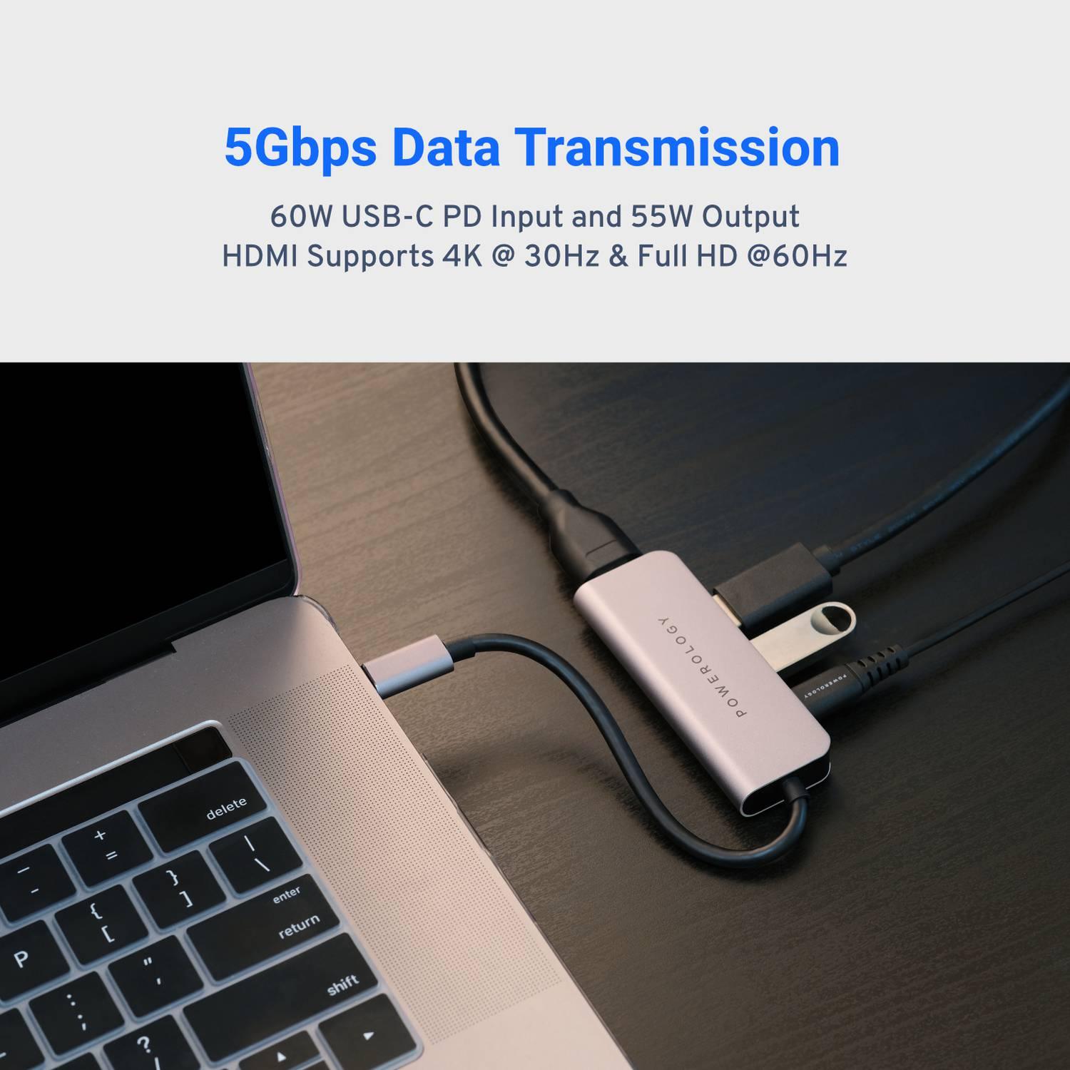 موزع USB-C 4 في 1 من Powerology مع منفذ HDMI وUSB 3.0 - رمادي