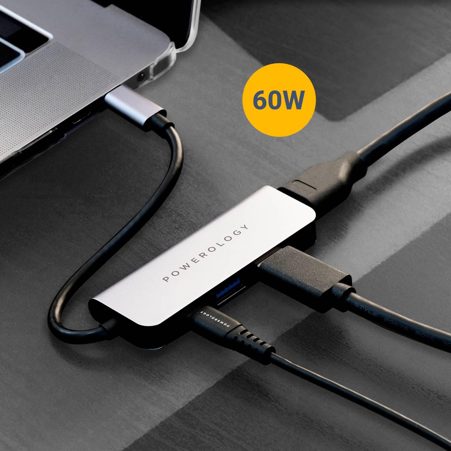 موزع USB-C 4 في 1 من Powerology مع منفذ HDMI وUSB 3.0 - رمادي
