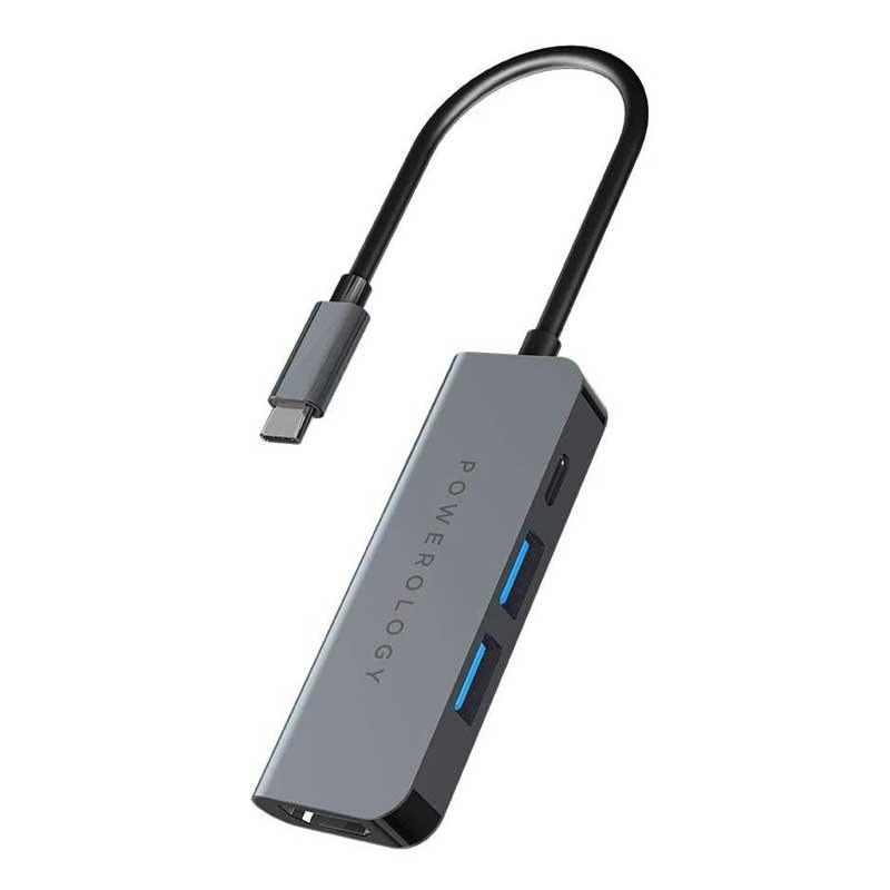 موزع USB-C 4 في 1 من Powerology مع منفذ HDMI وUSB 3.0 - رمادي