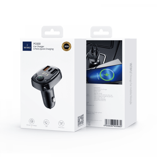 شاحن سيارة سريع Wiwu pc600 type-c+usbx2 بقوة 36 وات - أسود