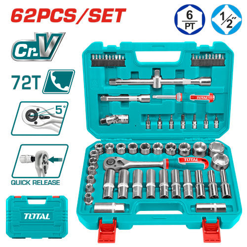 1/2 Inch Socket Set | 62-Piece by Total (THT121602)