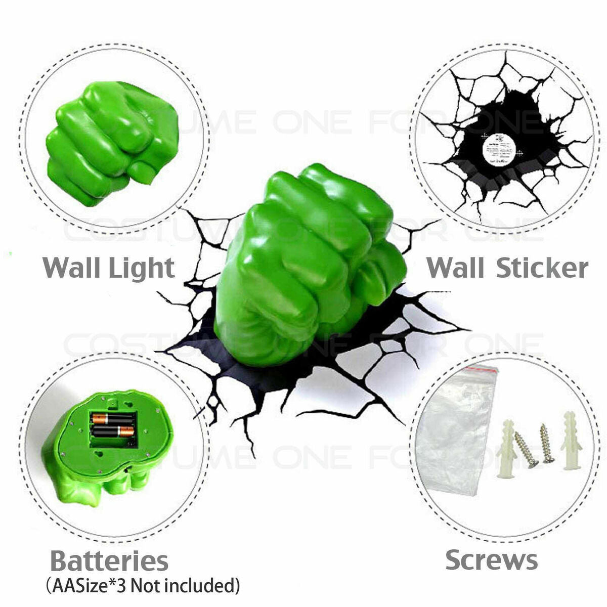 The Source Hulk 3D Fist Wall Light Heroic Nightlight for Kids - Green