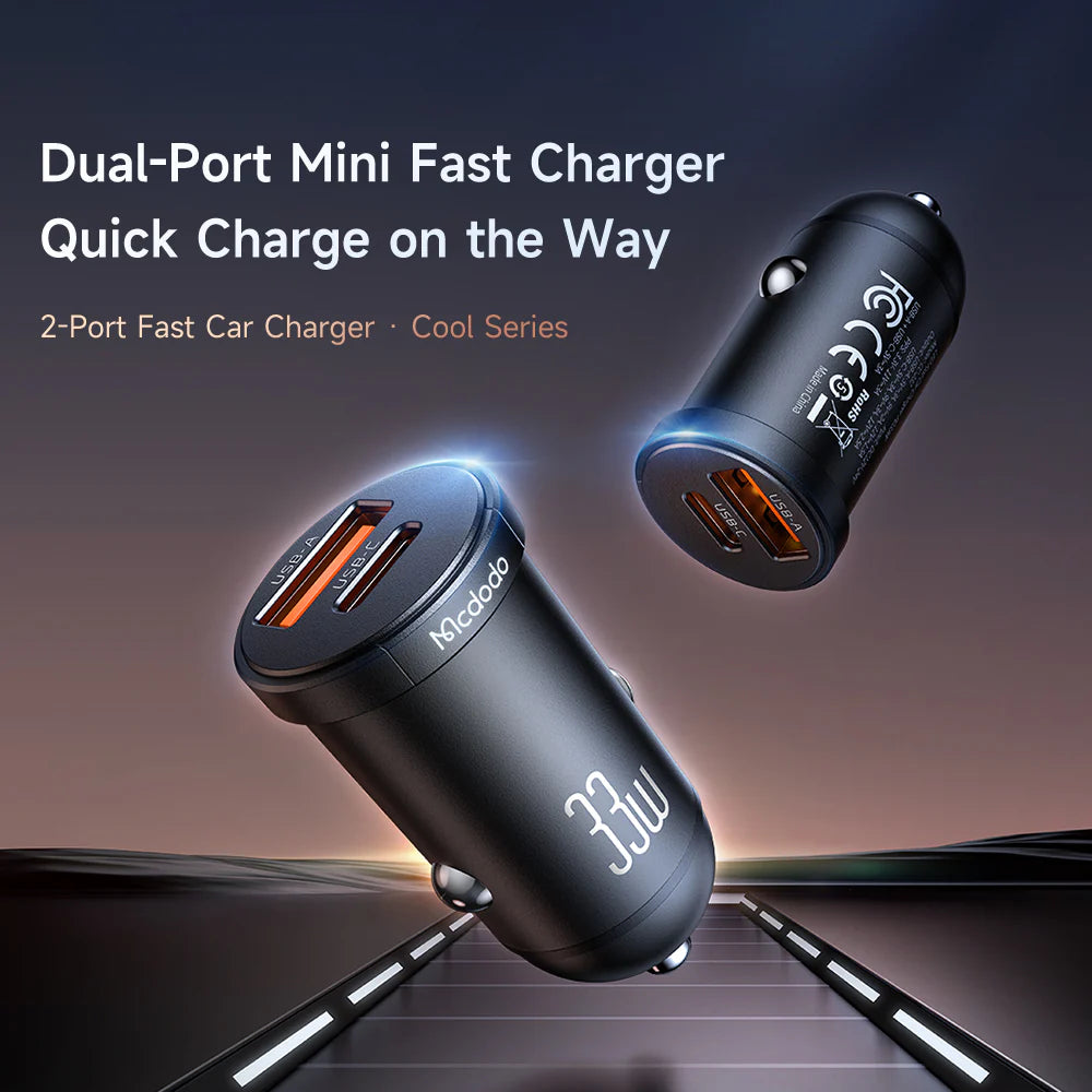 Mcdodo 33W 2 Port Car Charger Fast USB A & USB C Charging - Black Mcdodo 33W 2 Port Car Charger Fast USB A & USB C Charging - Black