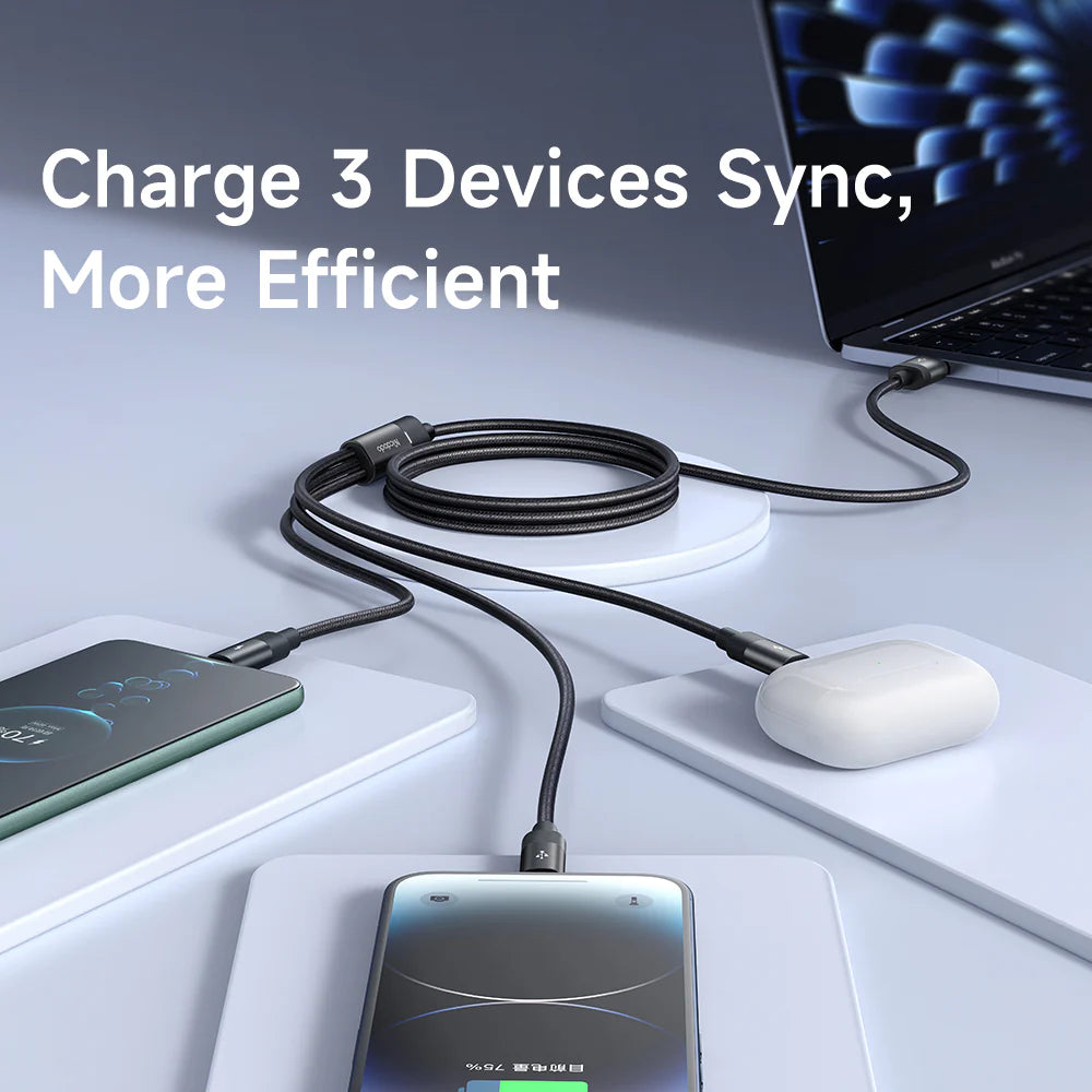 كابل مكدودو مضفر من النايلون 3 في 1 مع مصباح ليد 1.2 متر - أسود