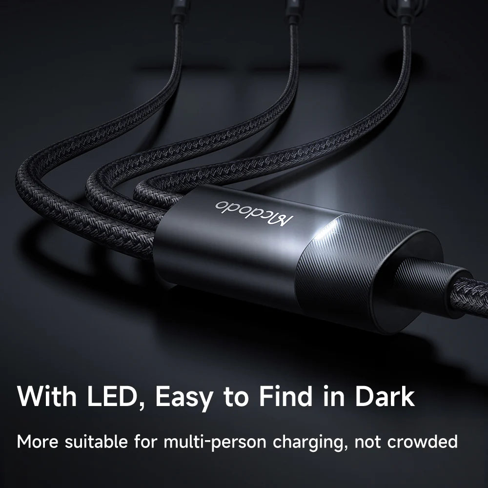 كابل مكدودو مضفر من النايلون 3 في 1 مع مصباح ليد 1.2 متر - أسود