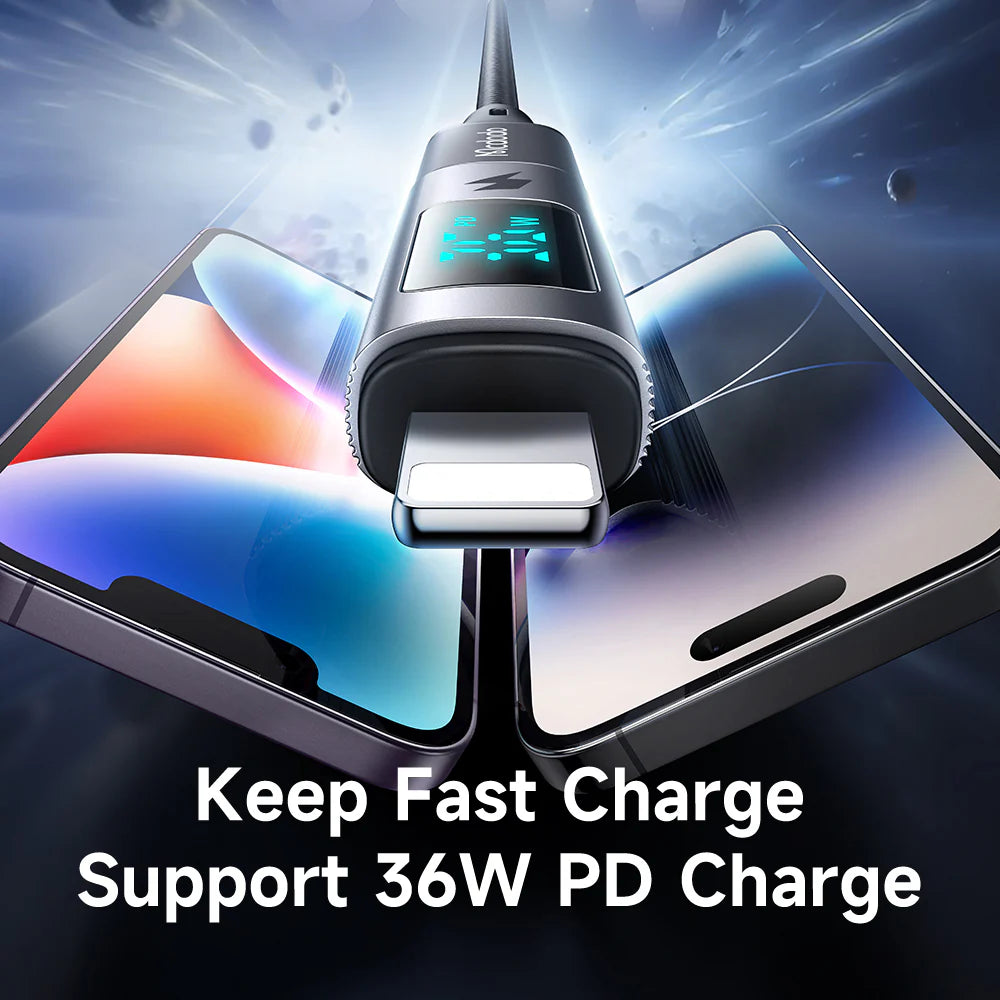 Mcdodo USB C to Lightning PD 36W Cable with Power Display - Black Mcdodo USB C to Lightning PD 36W Cable with Power Display - Black