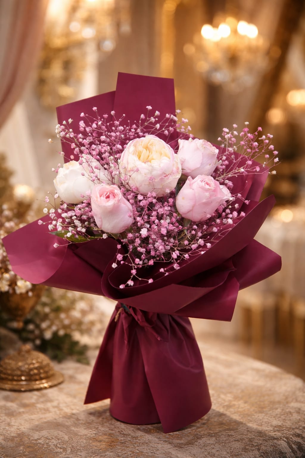 Peony and pink rose bouquet with pink baby's breath wrapped in rich burgundy paper