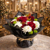 Rose and paper flower base 14 - elegant bouquet with red roses, white chrysanthemums and green button mums wrapped in black paper