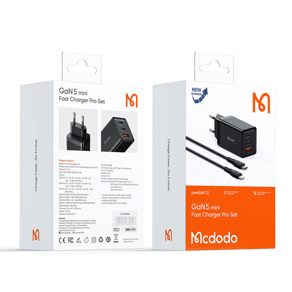 MCDODO 67W GaN Mini Fast Charger 3 Ports Full Protection - Black MCDODO 67W GaN Mini Fast Charger 3 Ports Full Protection - Black