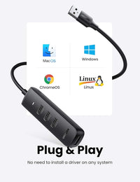 يوجرين USB Hub 4 منافذ بسرعة 5Gbps وكابل 1 متر - أسود
