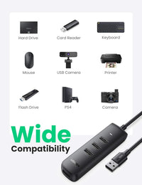 يوجرين USB Hub 4 منافذ بسرعة 5Gbps وكابل 1 متر - أسود
