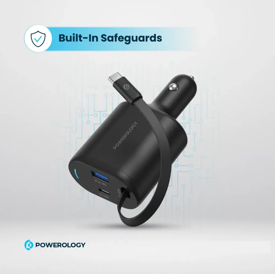 شاحن سيارة Powerology مزدوج المنافذ 65W مع كابل قابل للسحب - أسود شاحن سيارة Powerology مزدوج المنافذ 65W مع كابل قابل للسحب - أسود