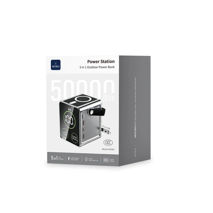 WIWU Power Station PS300 5-in-1 Outdoor Power Bank 50000mAh, 100W Fast Charging with Wireless Pad