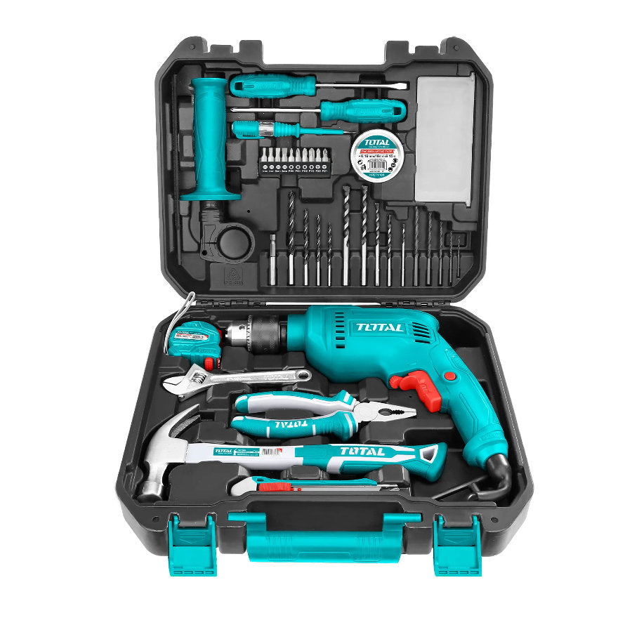 Total 13mm 680W Drill with 115-Piece Tool Set Complete Solution Total 13mm 680W Drill with 115-Piece Tool Set Complete Solution