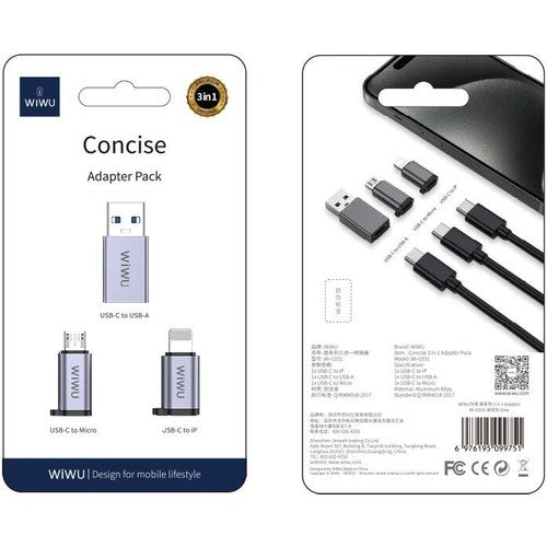 Wiwu Concise Series 3 in 1 Type-C To USB-A & Type-C & lightning Adapter Package