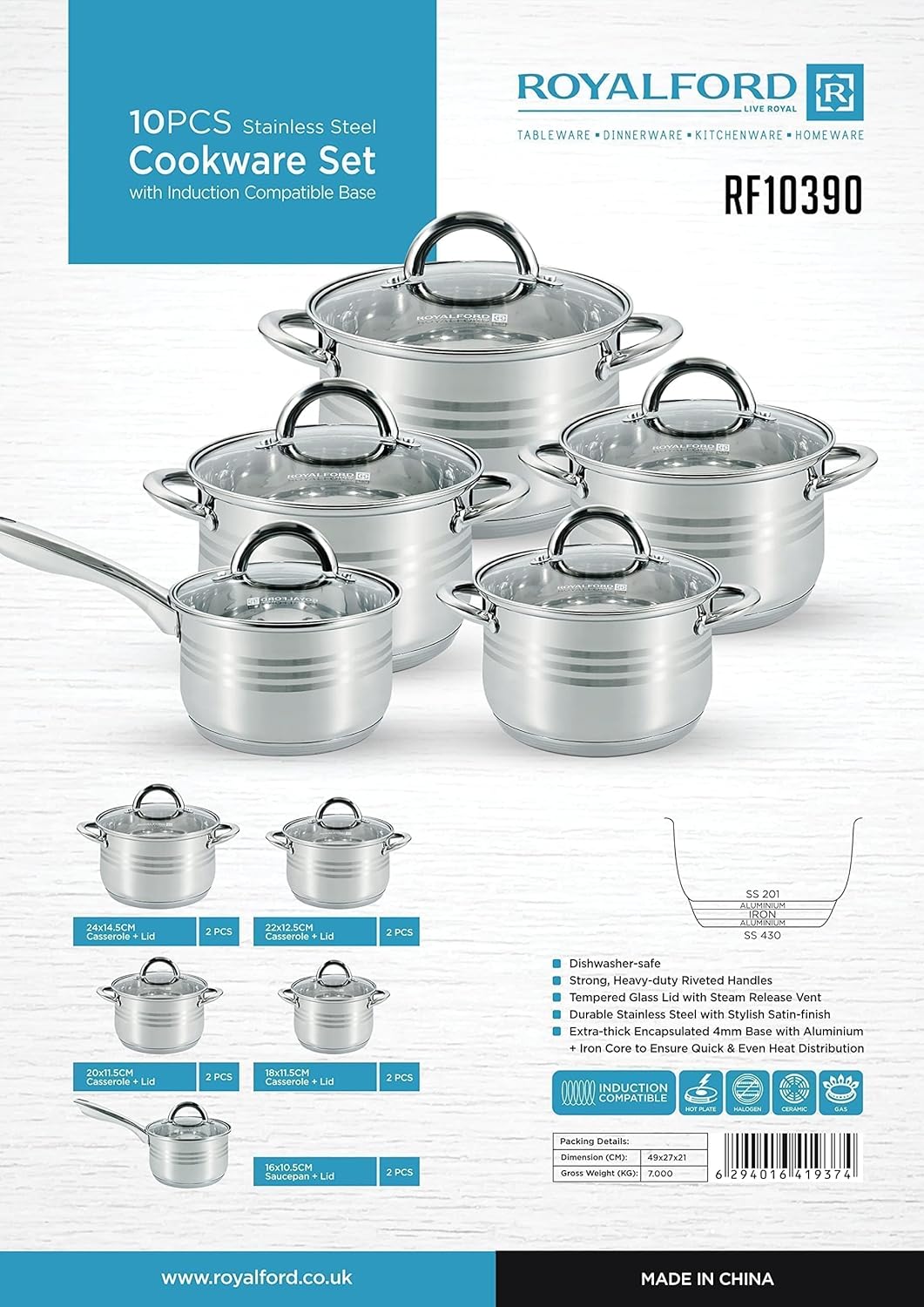 Royalford RF10390 10Pcs Stainless Steel Cookware Set Royalford RF10390 10Pcs Stainless Steel Cookware Set